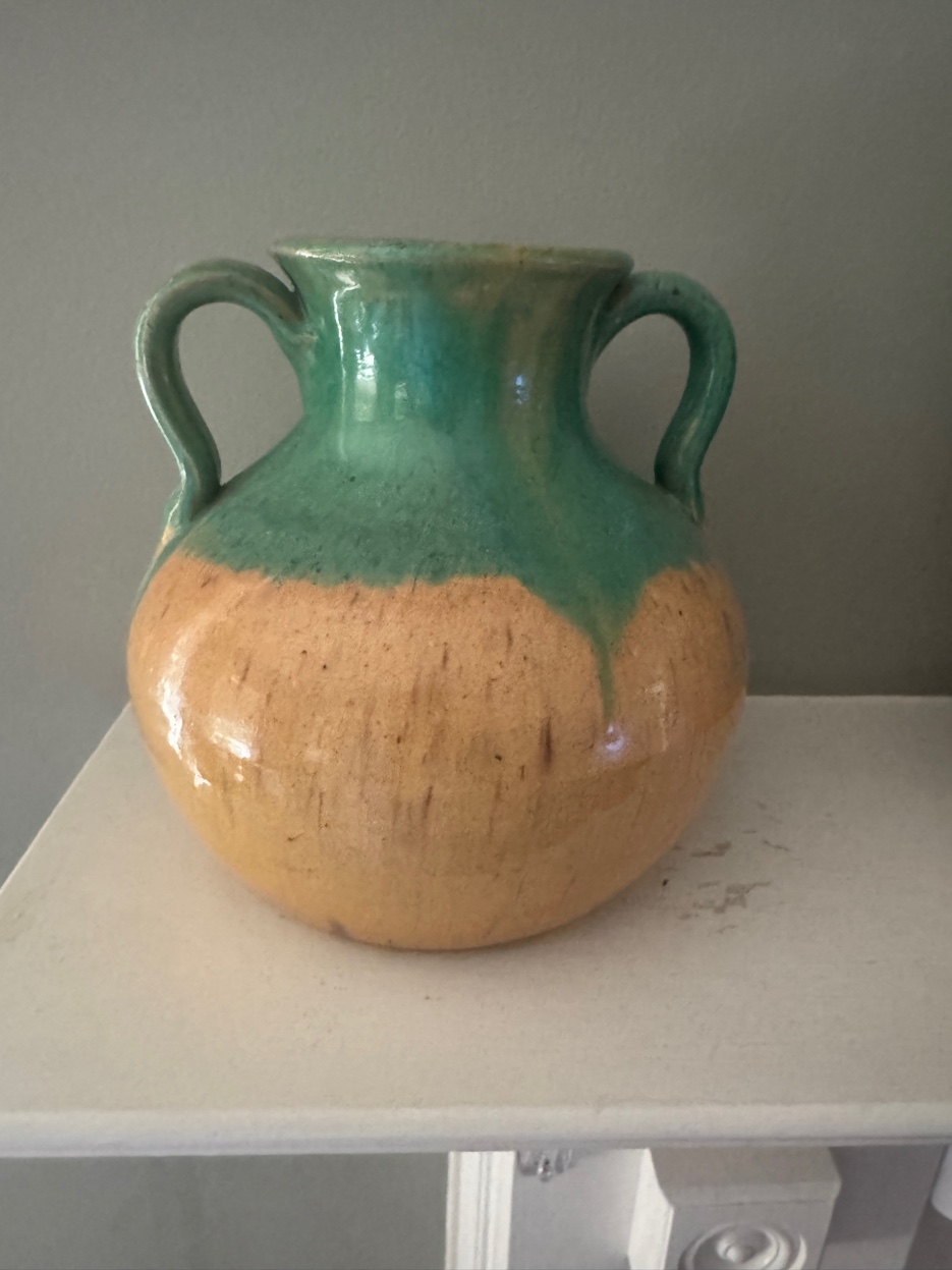Two-handled amphora by J.H. Owen, teal and amber glaze