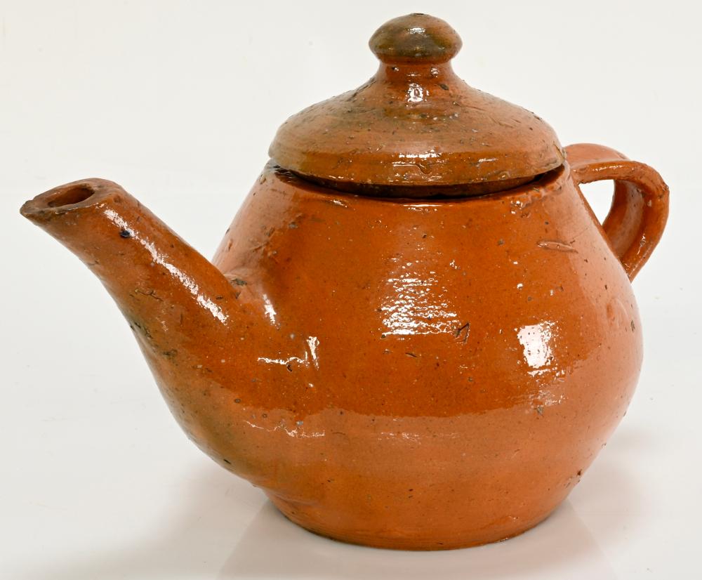 J.H. Owen earthenware teapot in deep amber-red glaze